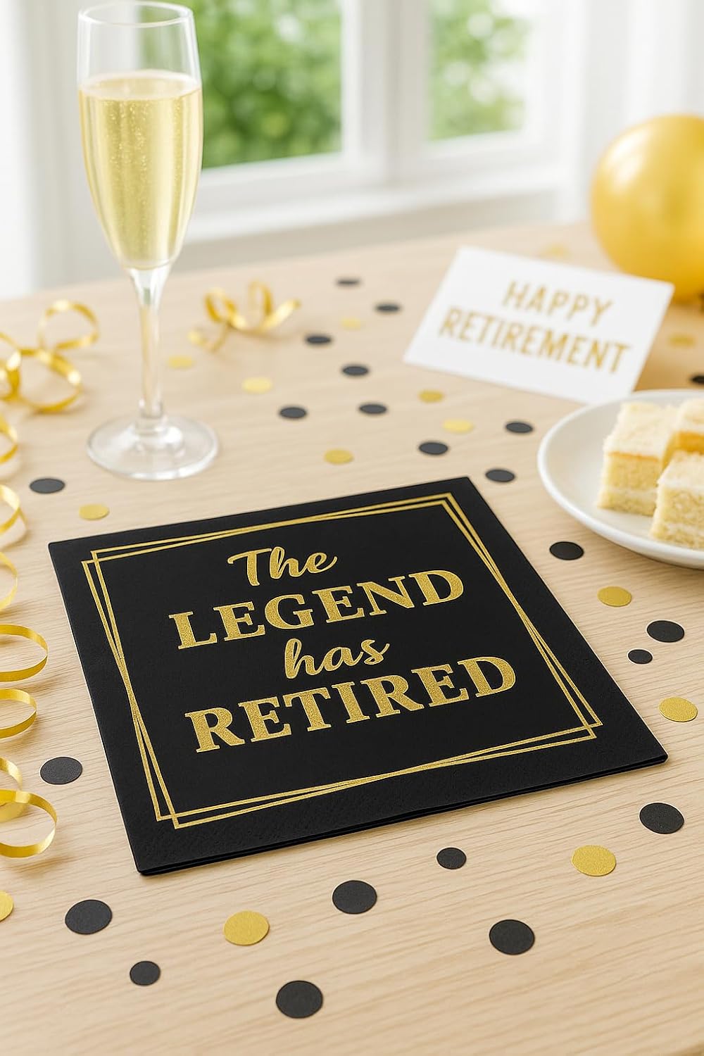 50‑Pack ‘The Legend Has Retired’ Black & Gold Napkins – 2‑Ply Cocktail, Lunch & Dinner Party Napkins – Elegant, Disposable Retirement Party Decoration – 6.5″ x 6.5″ Folded (Large, 50, Pack)