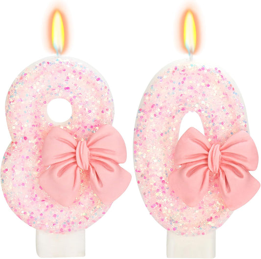 80th Birthday Candles for Cake, Pink Bow Number Cake Candles, 2.76 inch Number Happy Birthday Candle, Cake Topper Decoration for Birthday Party (Number 80)