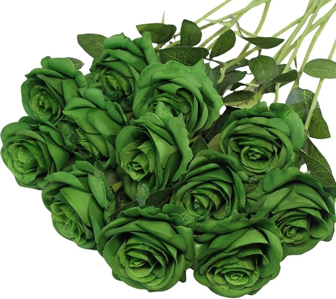 Artificial Green Roses Flowers, 12 Pcs Fake Rose in Bulk, Long Stem Realistic Silk Roses Bouquet for Spring Home Decor, St. Patrick's Day, Party Centerpieces, Flower Arrangement (Dark Green, 12-PCS)