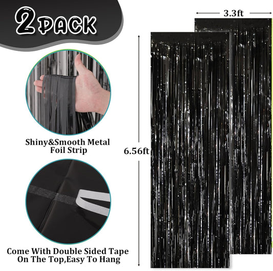 2 Pack Black Tinsel Foil Fringe Curtains, Black Party Decorations, Metallic Tinsel Party Streamers Backdrop for Birthday Halloween New Years Graduation Party Decorations