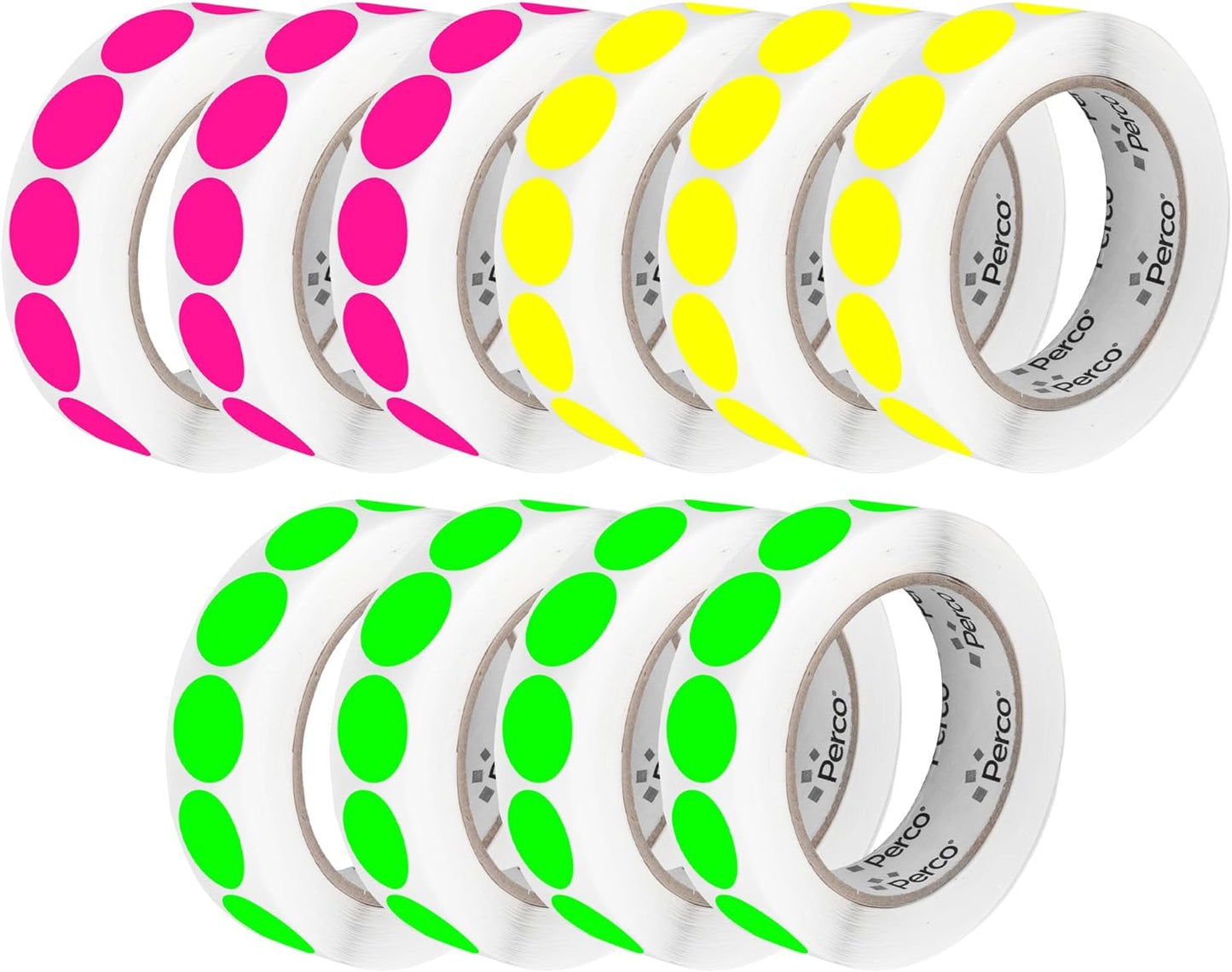 Perco 1-Inch Perforated Circle Dot Sticker Labels — 10 Rolls, 10,000 Round Fluorescent Stickers (4 Green, 3 Yellow, 3 Pink)—with Permanent Adhesive for Color Coding, Garage Sales, Crafts—Made in USA