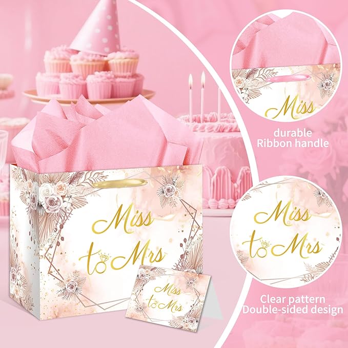 EIGHTSTATES Floral Boho Bridal Shower Gift Bag - Pink Miss to Mrs Wedding Gift Bags with Card & Tissue Paper - Bridal Shower Party Favors, Bachelorette Party Supplies & Wedding Gift Wrapping