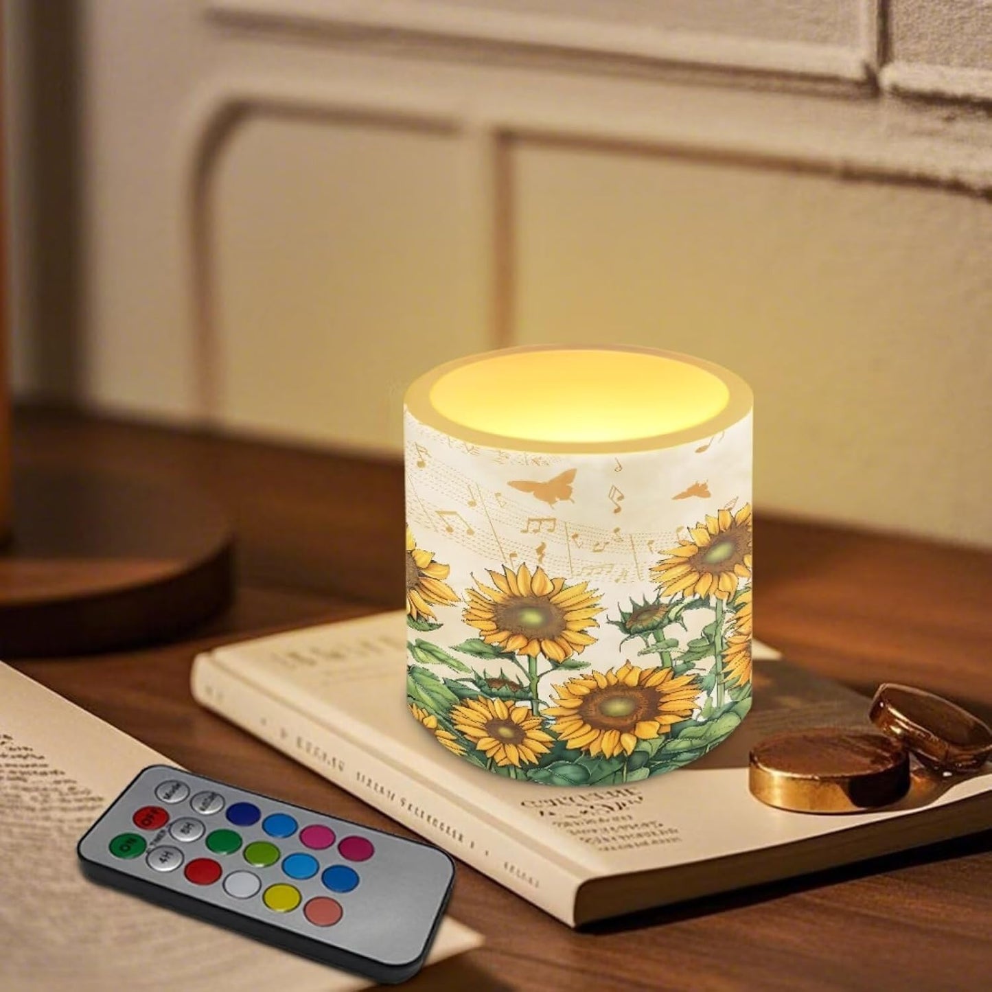 Poceacles Battery Operated LED Candles Set of 4 Remote and Timer Flameless Votive Candles, Multi-Color Flickering Tea Light for Home Parties Holidays Decor, Sunflower Butterfly Musical Note