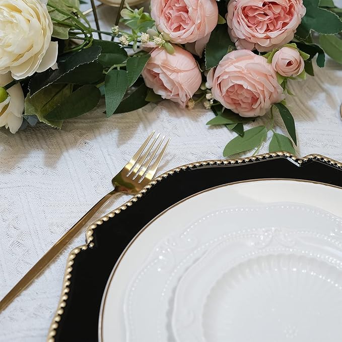 Black scalloped charger plates with Gold beaded rim,13 inch plastic dinner chargers for wedding and party table settings, Glossy Finish (set of 6)