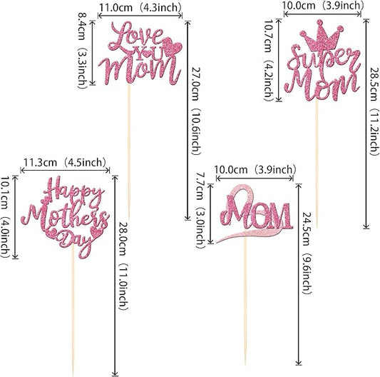 12 PCS Happy Mother's Day Centerpiece Sticks Double Sided Glitter Love Super Mom Best Mom Centerpieces for Happy Mother's Day Theme Table Flower Decorations Women Birthday Party Supplies Pink