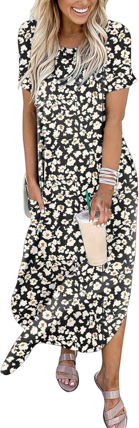 ANRABESS Womens Summer Maxi Dress Short Sleeve Casual Loose Long T Shirt Dresses Split Vacation Beach Sundress Travel Outfits