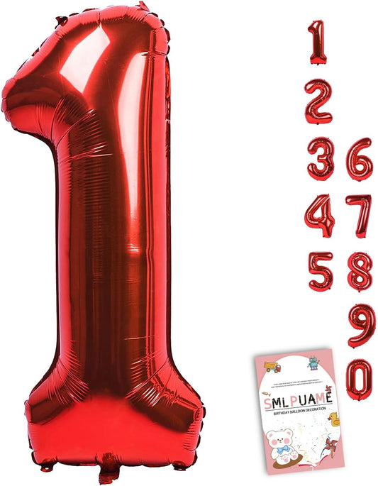 Smlpuame 40 Inch Red Number Balloon 0-9, Large Foil Self-Sealing Number 1 Balloon for Birthday Party, Wedding Anniversary, Celebration Decorations, Helium Digital Balloons Supplies