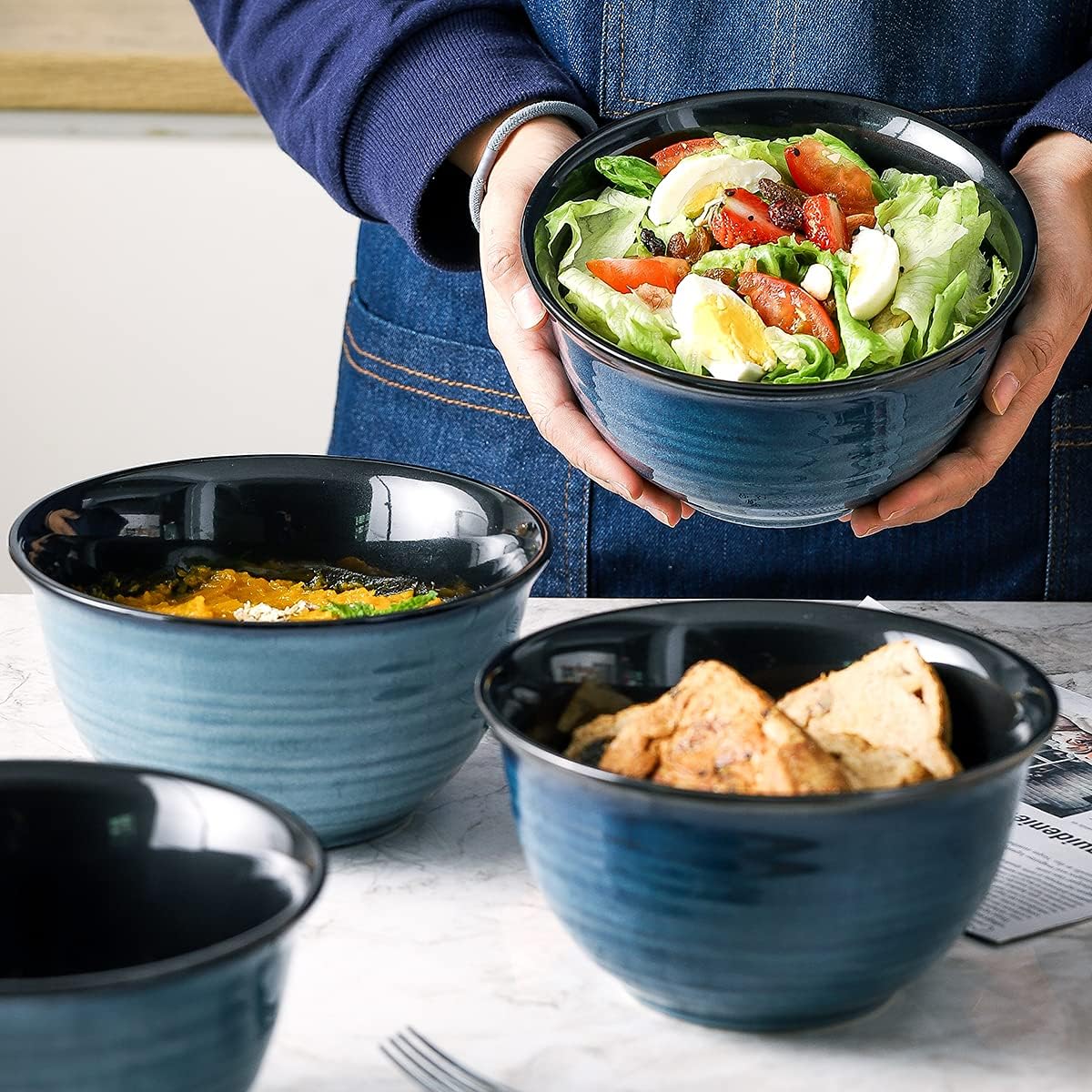 Hasense Soup Bowls for Kitchen, 40 Ounce Large Cereal Bowls, 7 Inch Ceramic Serving Bowls for Salad Pasta Soup Popcorn, Dishwasher & Microwave Safe, Set of 4(Blue)
