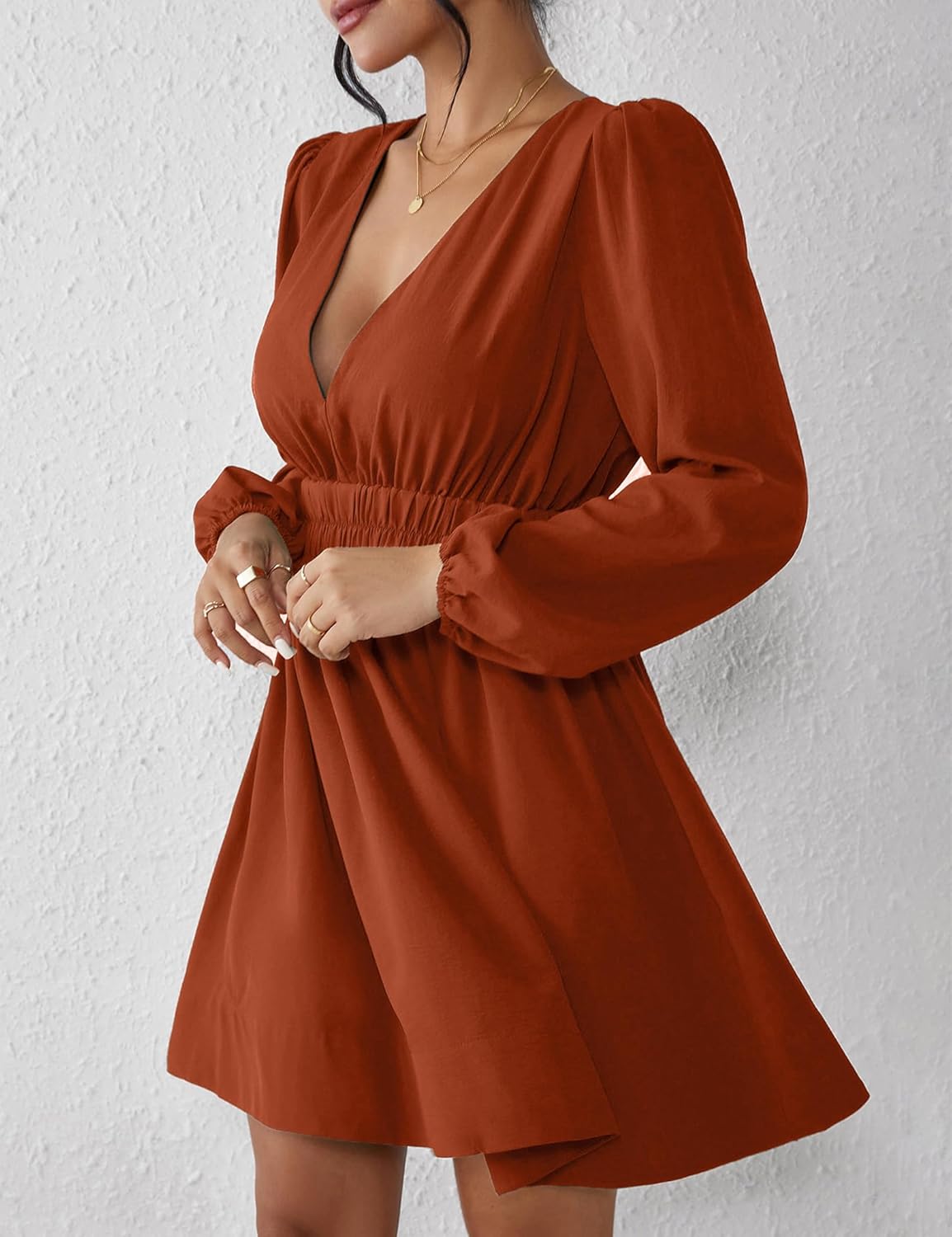 FAIABLE Mini Deep V Sexy Long Sleeve Dress for Women A-line High Waisted Casual Flowy Dress for Cocktail Wedding Guest