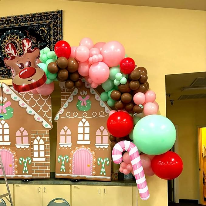 Christmas Balloon Arch Kit Gingerbread Balloon Garland Pastel Green Pink Red Snowflake Balloons Reindeer Peppermint Candy Cane Foil Balloons for Gingerbread Nutcracker Baby Shower Birthday Party Decor