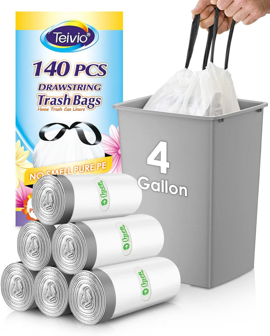 4 Gallon 140 Counts Strong Drawstring Trash Bags Garbage Bags by Teivio, Bathroom Trash Can Bin Liners, Small Plastic Bags for home office kitchen, White