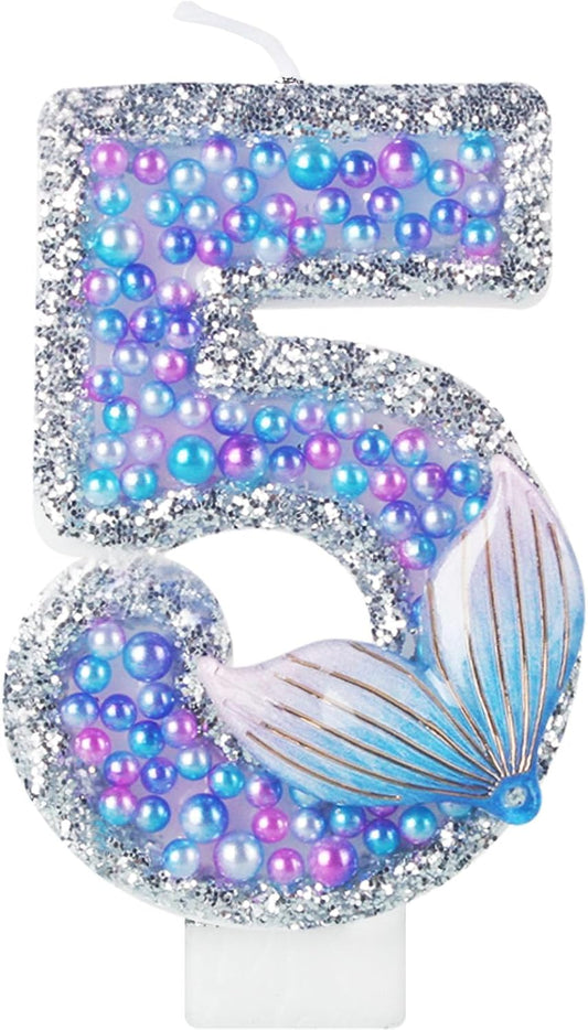 Girls Sparkler 5 Birthday Number Candles, Purple Pearls Mermaid Tail Number Birthday Candles for Girls Women Birthday Cakes Mermaid Themed Birthday Decorations Party Favors Number 5 Candle Cake Topper