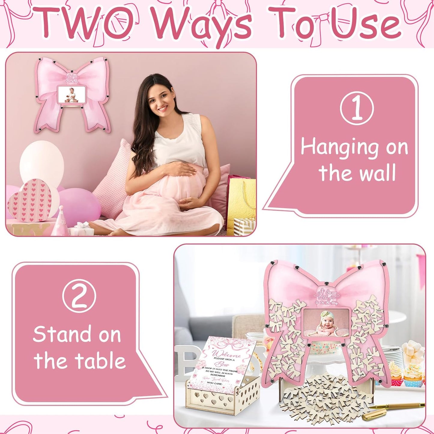 Wenqik 63 Pcs Coquette Pink Bow Baby Shower Guest Book Alternatives Set Baby Shower Decorations with Photo Frame Sonogram Frame Keepsake 60 Wood Slices Guest Book for Birthday