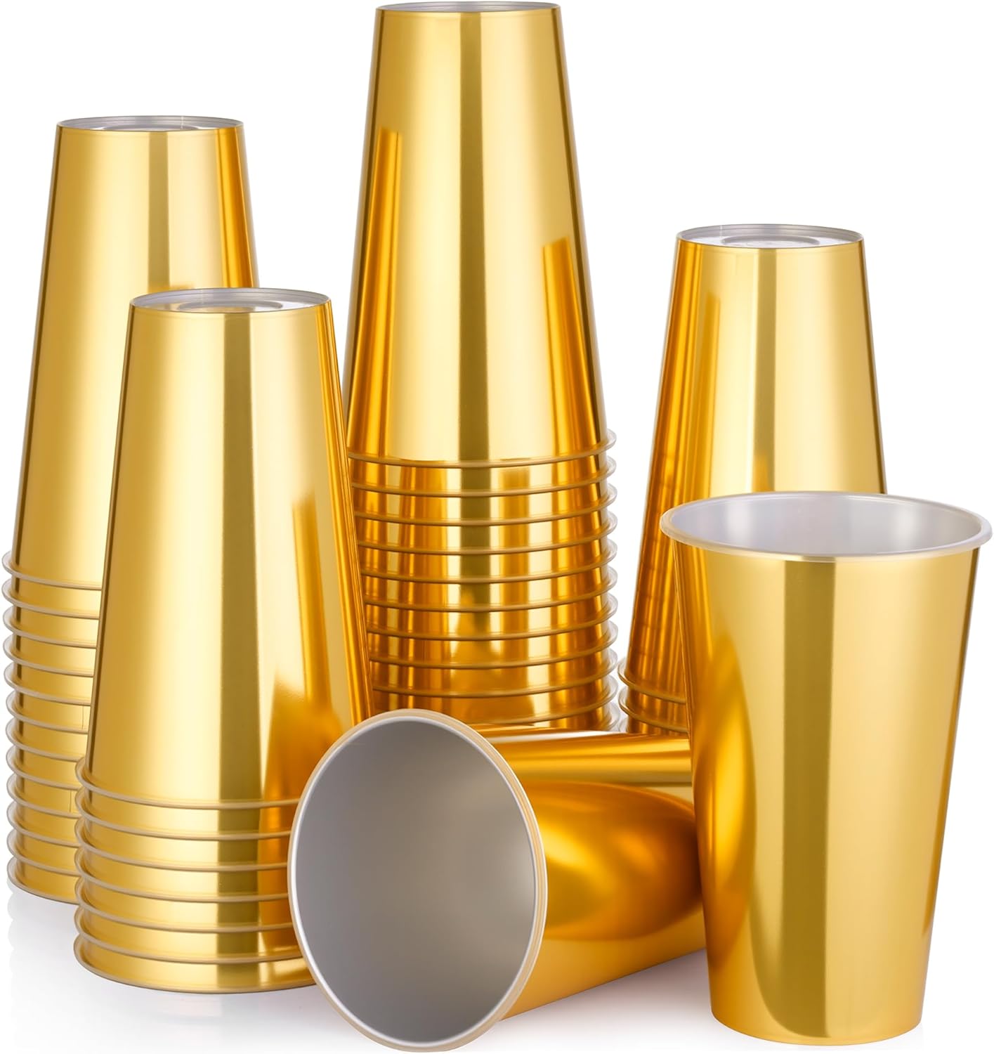 KesaPlan 50PCS Gold Plastic Cups, 16oz Disposable Plastic Tumblers for Party, Fancy Mirorred Golden Cups Bulk for Hot Cold Drinks, Disposable Drinking Glasses for Wedding Birthday Holiday Events