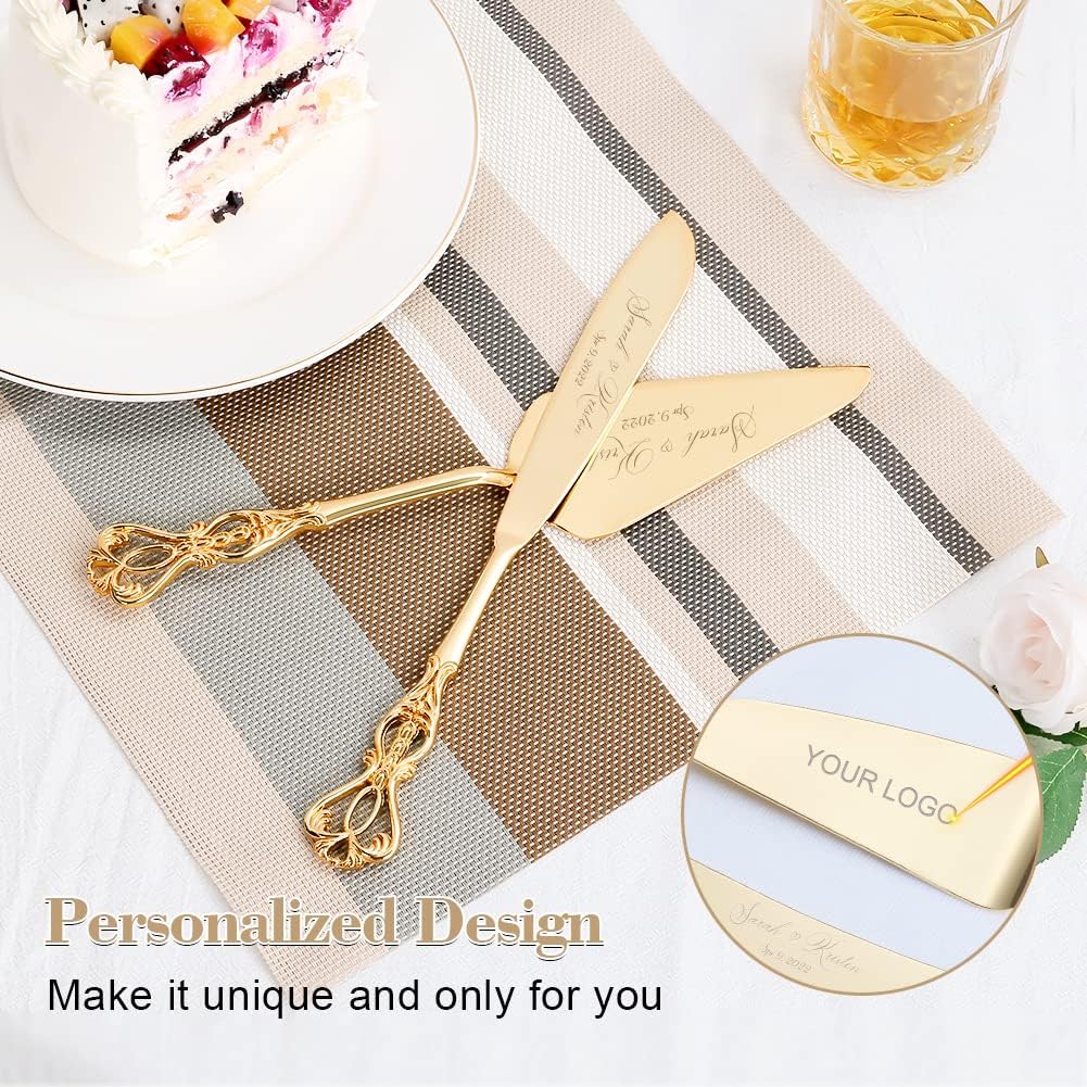 Wedding Cake Knife and Server Set, Personalized Gold Cake Cutting Set for Wedding, Engraved Classic Cake Knives Cutter Set, Pie Pastry Server, Birthday Bridal Gift (CUS-Crown)