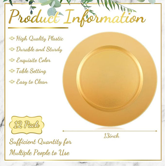 Tanlade 12 Pcs 13 Inch Charger Plates Bulk Round Wedding Chargers Plastic Dinner Plates for Table Setting Wedding Party Decoration (Gold)