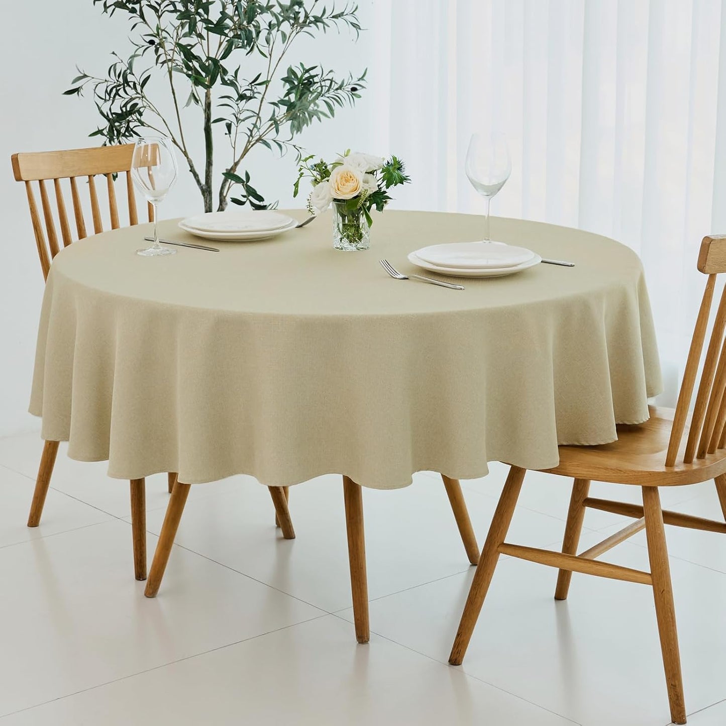 maxmill Round Linen Textured Tablecloth Spill-Proof Stainproof Wrinkle Free Washable Fabric Table Cloth for Circular Table Cover, Dining Room Buffet Banquet Parties Holiday Dinner, 70 Inch Beige