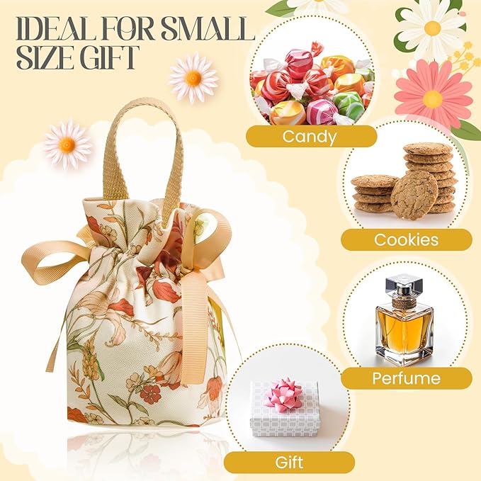 Liobelon 8 Pieces Floral Mini Gift Bags with Handles 14x9.5x6cm/5.5x3.7x2.3inch Canvas Small Candy Bag Tea Party Favor Bags for Party, Wedding, Bridal Shower, Valentine's Day, Mother's Day (champagne)