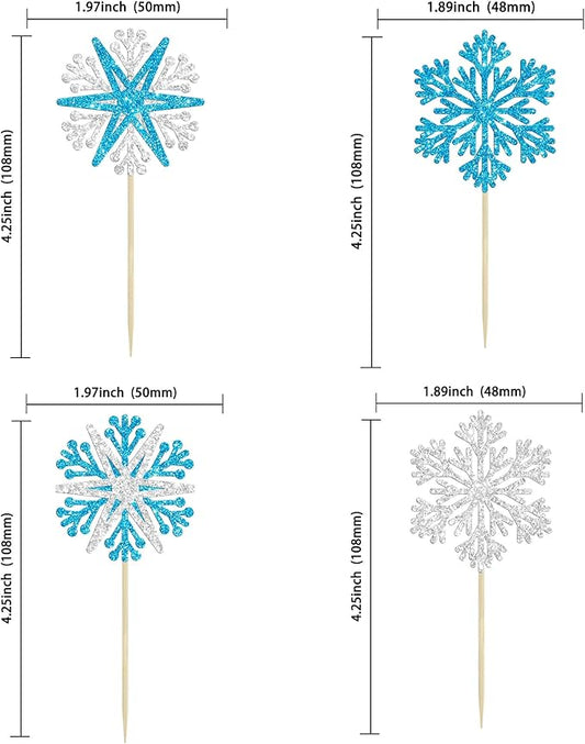 24Pcs Snowflake Cupcake Toppers Winter Frozen Winter Wonderland Cake Pick Decorations for Snowflake Theme Baby Shower Birthday Merry Christmas Party Supplies Blue