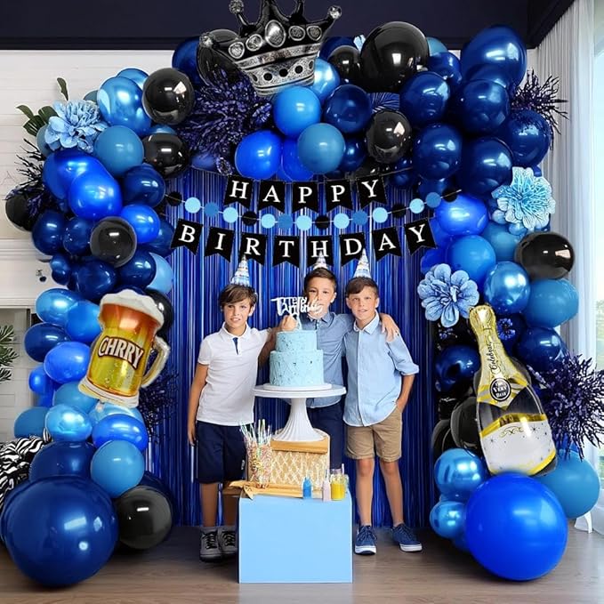 Blue Black Balloon Garland, Double Stuffed Dark Royal Navy Blue Balloons Fringe Curtains, Foil Balloons, Birthday Banner Decorations for Men Birthday Baby Shower Father's Day Graduation Party Supplies