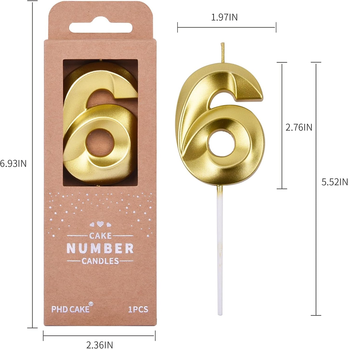 PHD CAKE 2.76 Inch Diamond Gold 6 Number Birthday Candles, Gold Number Candles, Cake Number Candles, Party Celebration