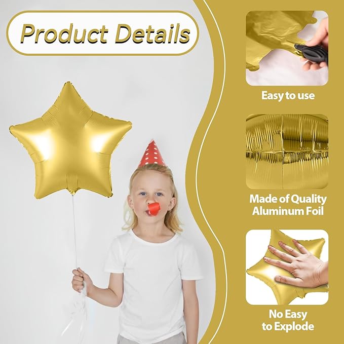 Gold Star Foil Balloons, 10PCS Gold Foil Stars Shape Balloons, 18 Inch Metallic Stars Balloon for Helium Pentagram Balloon for Birthday, New Years, Graduation, Baby Shower Party Decorations