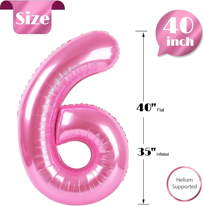 Pink Number 6 Balloon 40 Inch, 6th Birthday Party Decorations for Children, Giant 6 Foil Balloon for Party Supplies