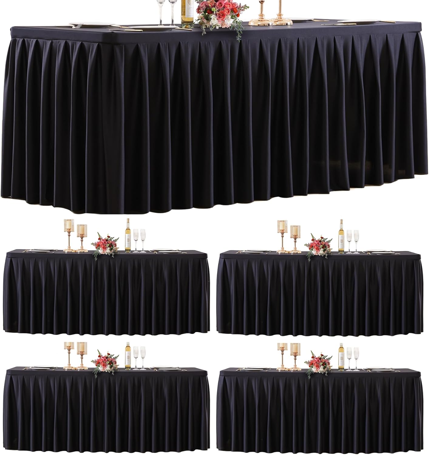 HB HBB MAGIC 4 Pack Black Tablecloths for 6 Foot Rectangle Tables, Elegant Pleated Table Skirt – Wrinkle Free Stretch Fitted Table Cover for Weddings, Banquets, Birthday Parties & Events