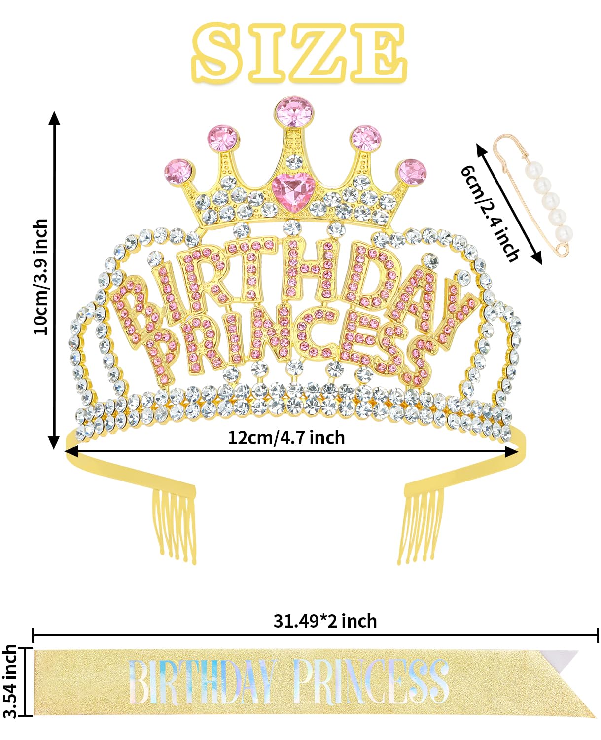 Wecoe Gold Birthday Crown and Sash: Women's Princess Crown with Rhinestone Tiaras & Sash - Happy Birthday Party Favors & Decorations for Adult Women Celebrants