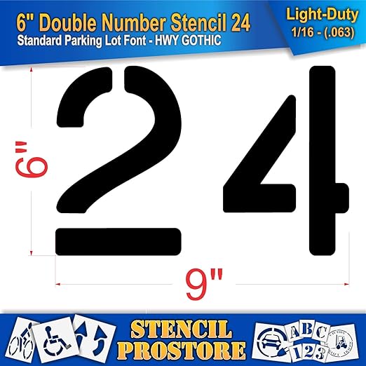 Pavement, Curb, and WheelStop Stencils - 6 inch Double Number Stencil - (24) - 6" x 9" x 1/16" (63 mil) - Light-Duty