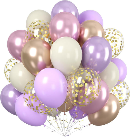 Paready 60pcs Metallic Gold Purple Balloons Set, 12 Inch Pastel Purple Champagne Gold White Confetti Balloons for Lavender Boho Birthday Bridal Shower Bachelorette Party Supply