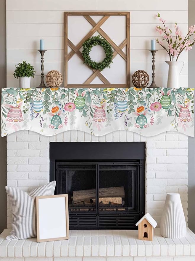 Easter Eggs Fireplace Mantel Scarf Table Runner, Bunny Eucalyptus Leaves Spring Flower Plant Winter Garland Mantel Top Tablerunners Dresser Scarves Cover for Windows Party Living Room 70''x17''