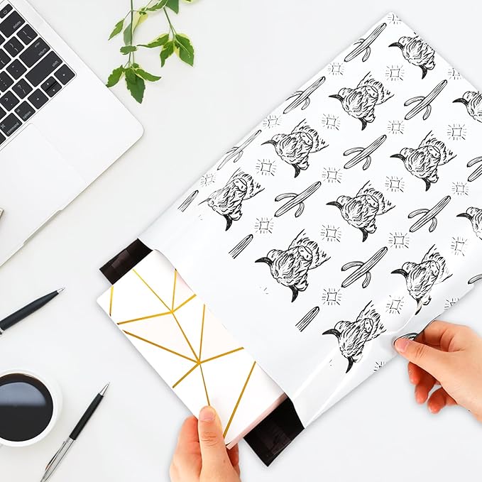 JarThenaAMCS 100Pcs Highland Cow Cactus Poly Mailers 10 x 13 Inch White Black Yak Packaging Bags Rustic Self Seal Mailing Envelope Bags for Small Business Clothing Document Gifts