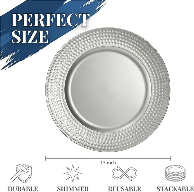 Nicunom Silver Charger Plates Set of 12, Round Charger Plates with Hammered Rim, 13 Inch Plastic Charger Plate for Wedding Dinner Party Event Decoration