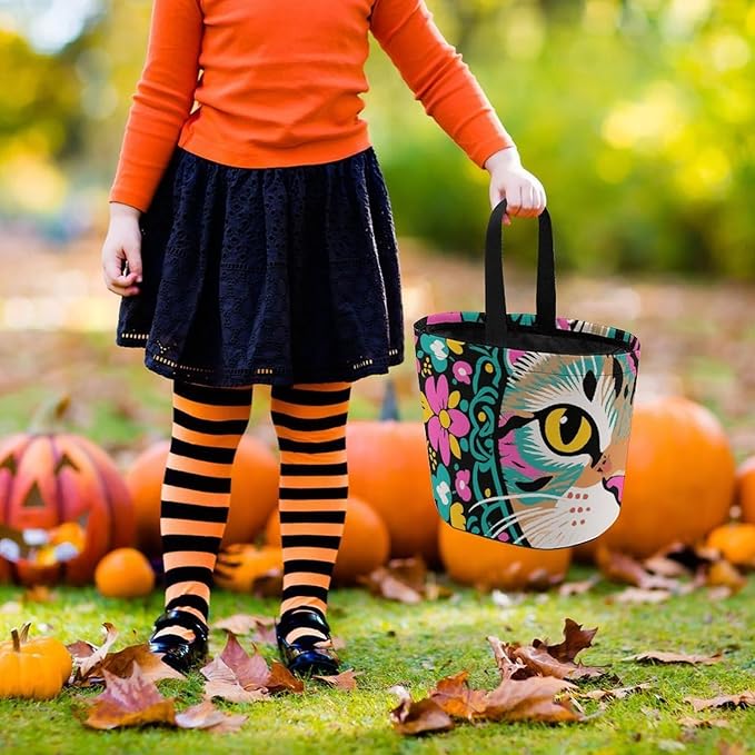 Halloween Candy Bucket - Exotic Cat Pattern Trick Or Treat Candy Bag, Gift Bag for Party Favor Supplies
