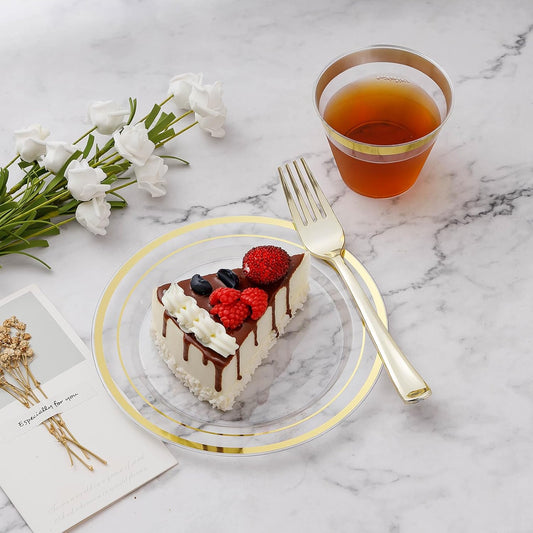 BESTVIP 200PCS Clear Gold Plastic Plate, Disposable Party Plates with 100 Dinner and 100 Dessert Plates, Plastic Plate for Party, Wedding and Birthday
