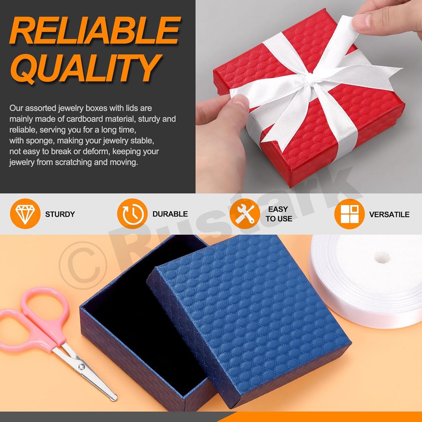 12Pcs 9x9x3cm / 3.5x3.5x1 Inch Blue Cardboard Jewelry Gift Boxes with Stain Ribbon and Scissor, Small Gift Box with Lid for Necklaces, Rings, Bracelets, Earrings, Pendant, Jewelry