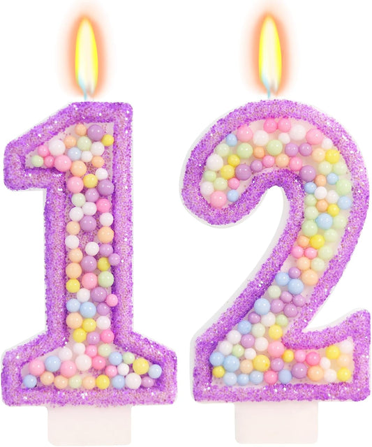 Purple Birthday Candles - Number 12 Candle, Colorful Macaron Candles, 12 Birthday Decorations for Girls, Purple Cake Decorations, Theme Party Supplies