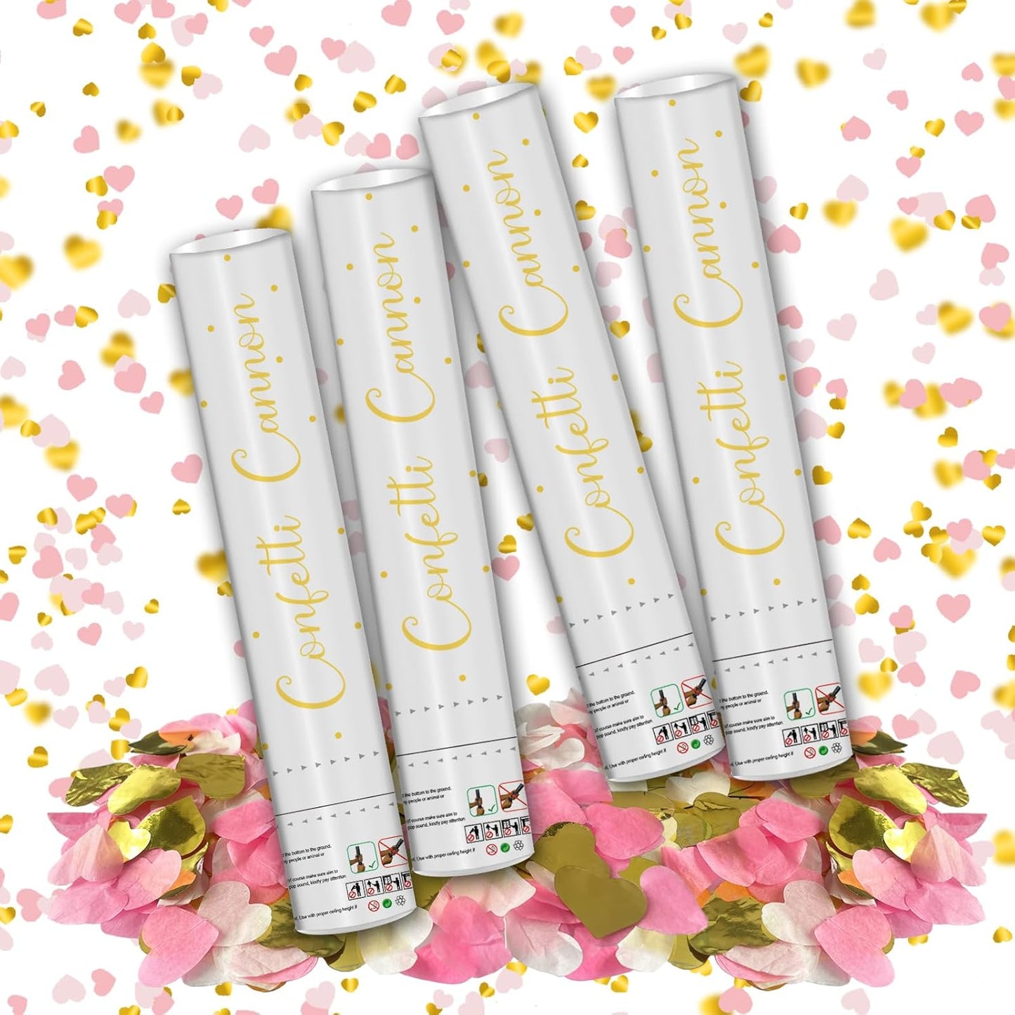 12" Confetti Cannons with Pink & Gold Heart Filling - Party Poppers for Gender Reveal Baby Shower Bridal Shower Valentine Wedding Anniversary - Easy to Use - Pack of 4