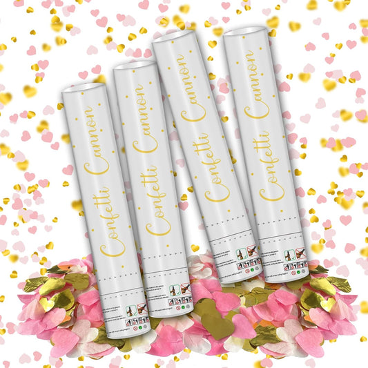 12" Confetti Cannons with Pink & Gold Heart Filling - Party Poppers for Gender Reveal Baby Shower Bridal Shower Valentine Wedding Anniversary - Easy to Use - Pack of 4