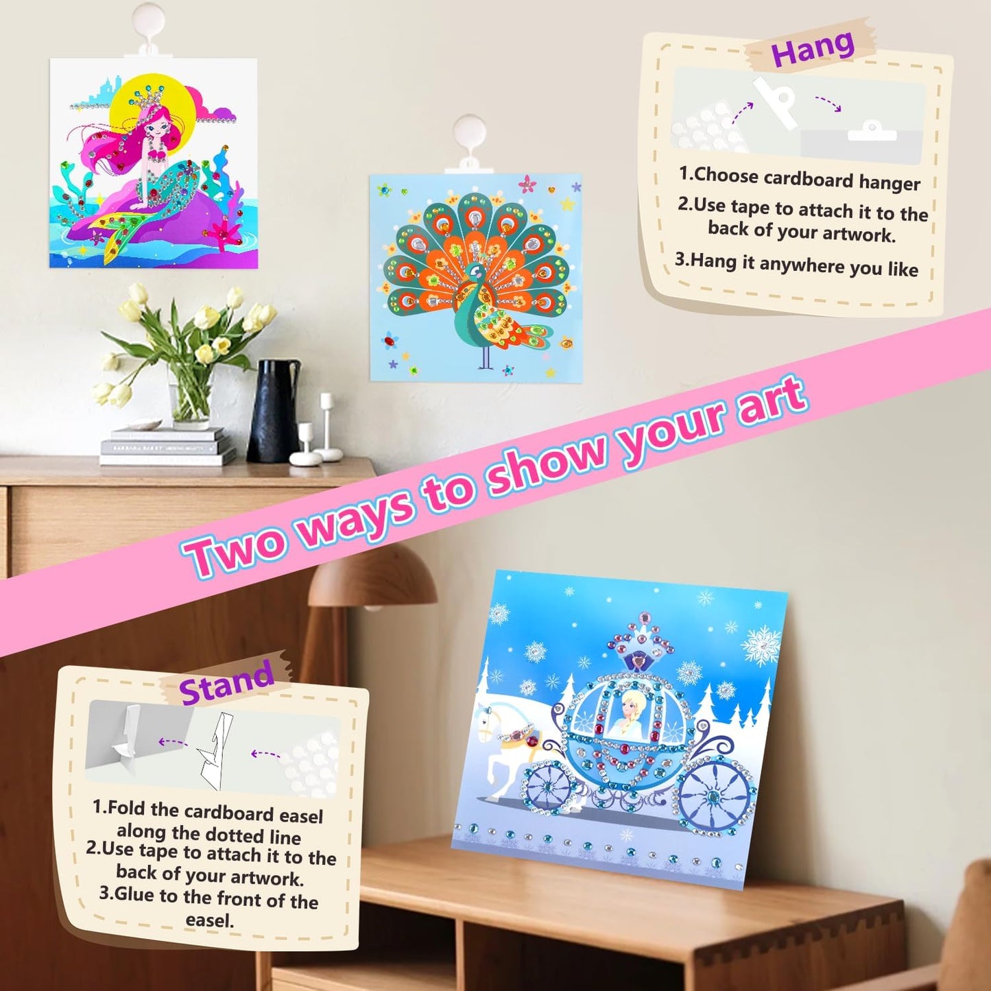 Marlrin Unicorn & Princess Diamond Art Kit for Kids Ages 3-8,Easy Arts and Crafts with 1000+ Gem Stickers,Gem Art Christmas Birthday Gift for Girls 4-7