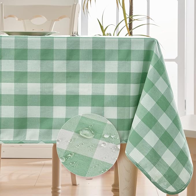 BALCONY & FALCON Gingham Table Cloth Rectangle – Reversible Water-Resistant Cotton Checkered Tablecloth for Outdoor Picnic, Camping, Kitchen, Holiday Party Decor (Green White, 55x95 Inch)