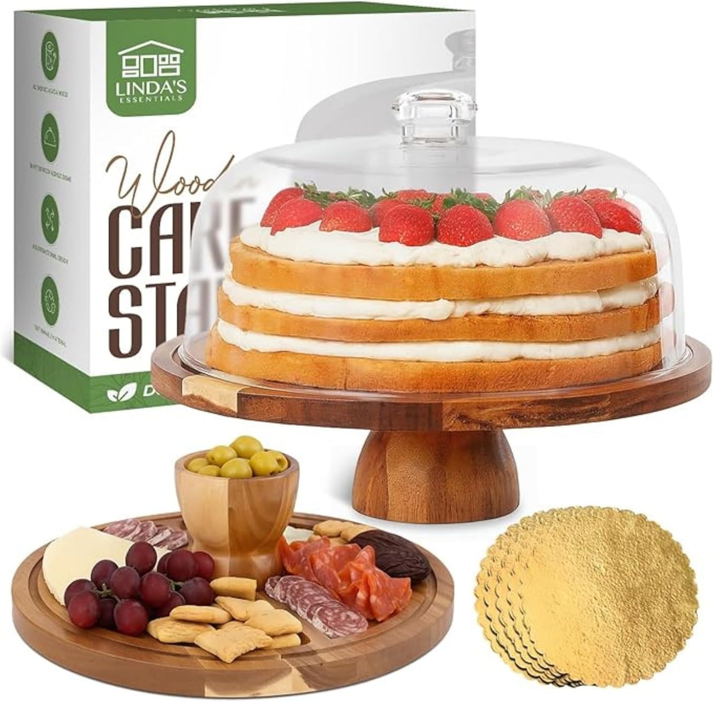 Linda's Essentials Acacia Wood Cake Stand with Lid - 12 Inch Round Cake Holder Stand with 5 Bonus Cake Sheets, 2-in-1 Wooden Cake Stand with Dome & Charcuterie Board for Cheese, Cake Plate with Lid