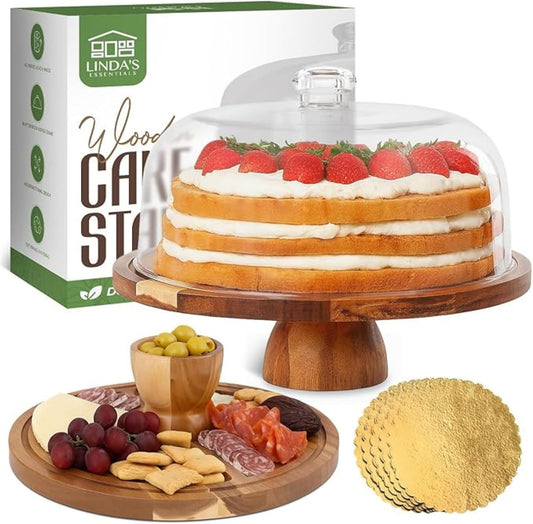 Linda's Essentials Acacia Wood Cake Stand with Lid - 12 Inch Round Cake Holder Stand with 5 Bonus Cake Sheets, 2-in-1 Wooden Cake Stand with Dome & Charcuterie Board for Cheese, Cake Plate with Lid
