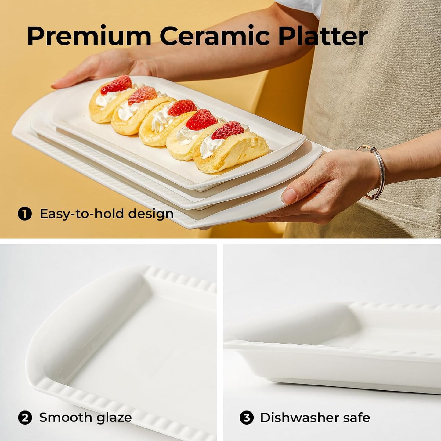 LIFVER Extra Large Serving Platters, 16"/14"/12" Rectangle Serving Trays, Serving Dishes for Entertaining, White Ceramic Platters for Serving Food Party, Turkey Platter for Thanksgiving, Set of 3