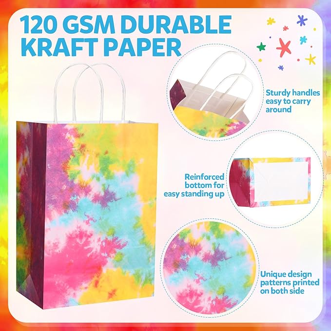 Gaillty 24 Pcs Tie Dye Party Favor Bags Camouflage Goodie Gift Bags with Handles Colorful Rainbow Paper Treat Candy Totes for Retro Theme Birthday Party Supplies Decorations