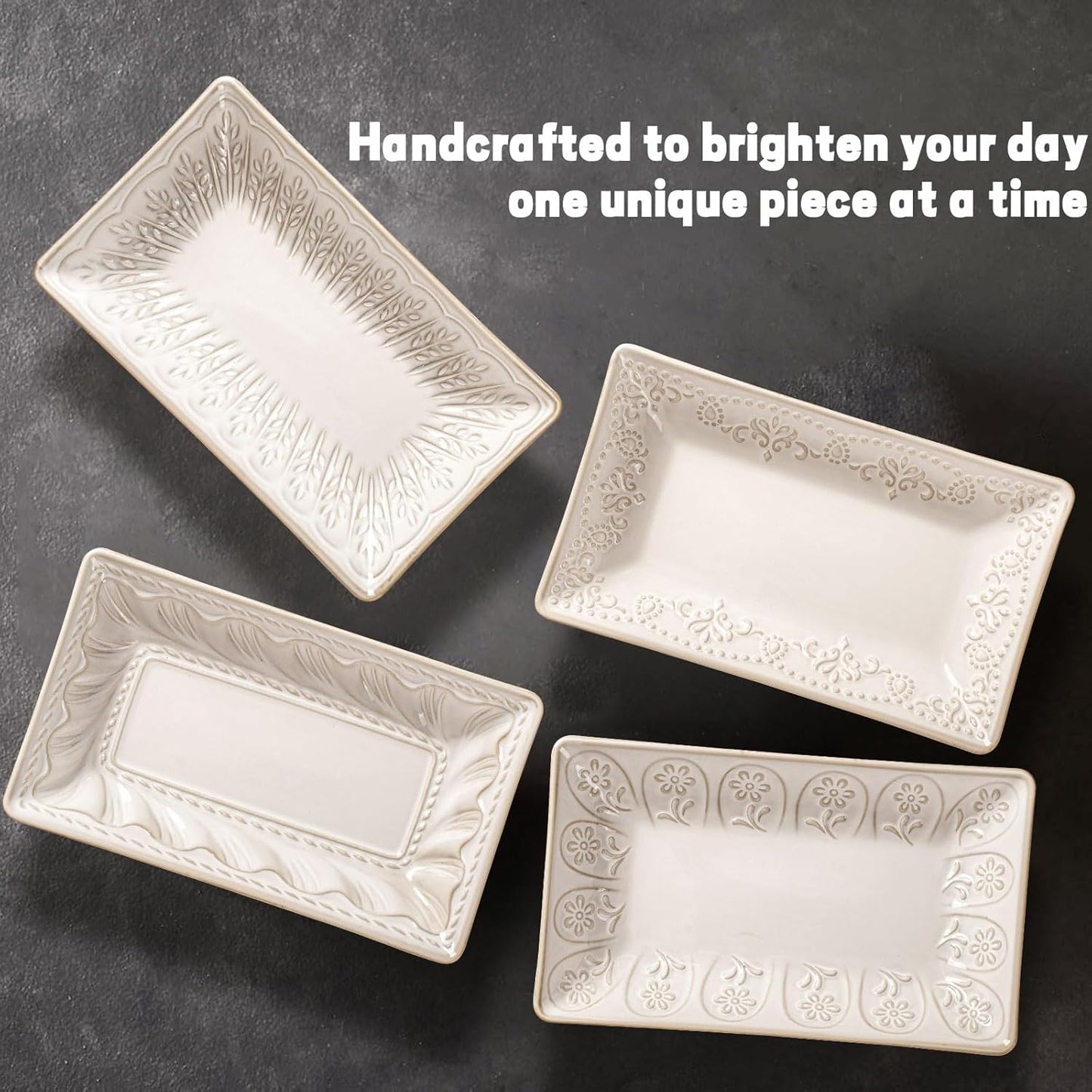 Artena Ceramic 8.25 Inch Rectangle Salad Plates Set of 4 - Deep Plates for Appetizer, Dessert, Dinner, Sushi, Snack, Pasta, Serving - Microwave Safe with Embossed Rim Design (Wheat Leaf)