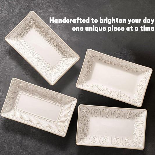 Artena Ceramic 8.25 Inch Rectangle Salad Plates Set of 4 - Deep Plates for Appetizer, Dessert, Dinner, Sushi, Snack, Pasta, Serving - Microwave Safe with Embossed Rim Design (Damask Floral)