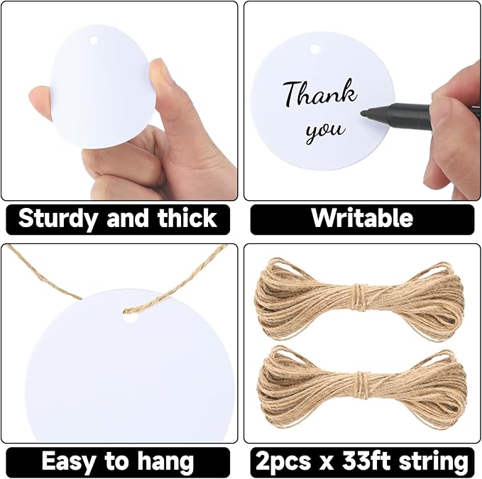 G2PLUS 100PCS White Round Gift Tags with String-2.5 Inches Blank Circle Paper Tags Large Craft Labeling Tag for Wedding, Birthday, Christmas Party Favors