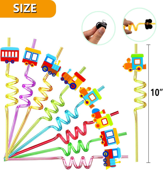 24 Pack Train Theme Shaped Straws - Reusable Plastic Straws with Cartoon Decoration - Kids Party Supplies - Birthday Party Favors with 2 Cleaning Brushes